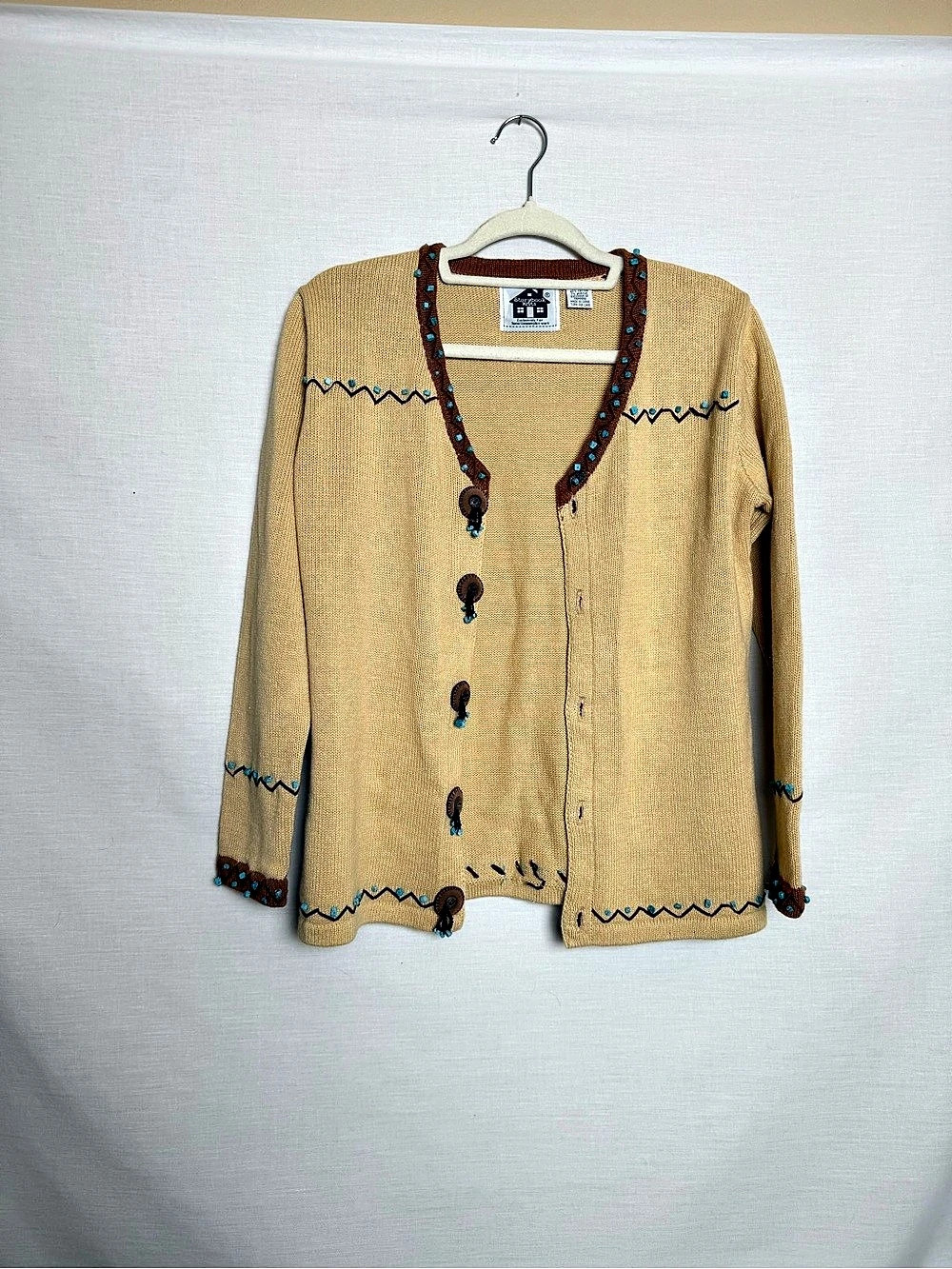 Storybook Knits Embellished Cardigan in Brown & Blue Size XS